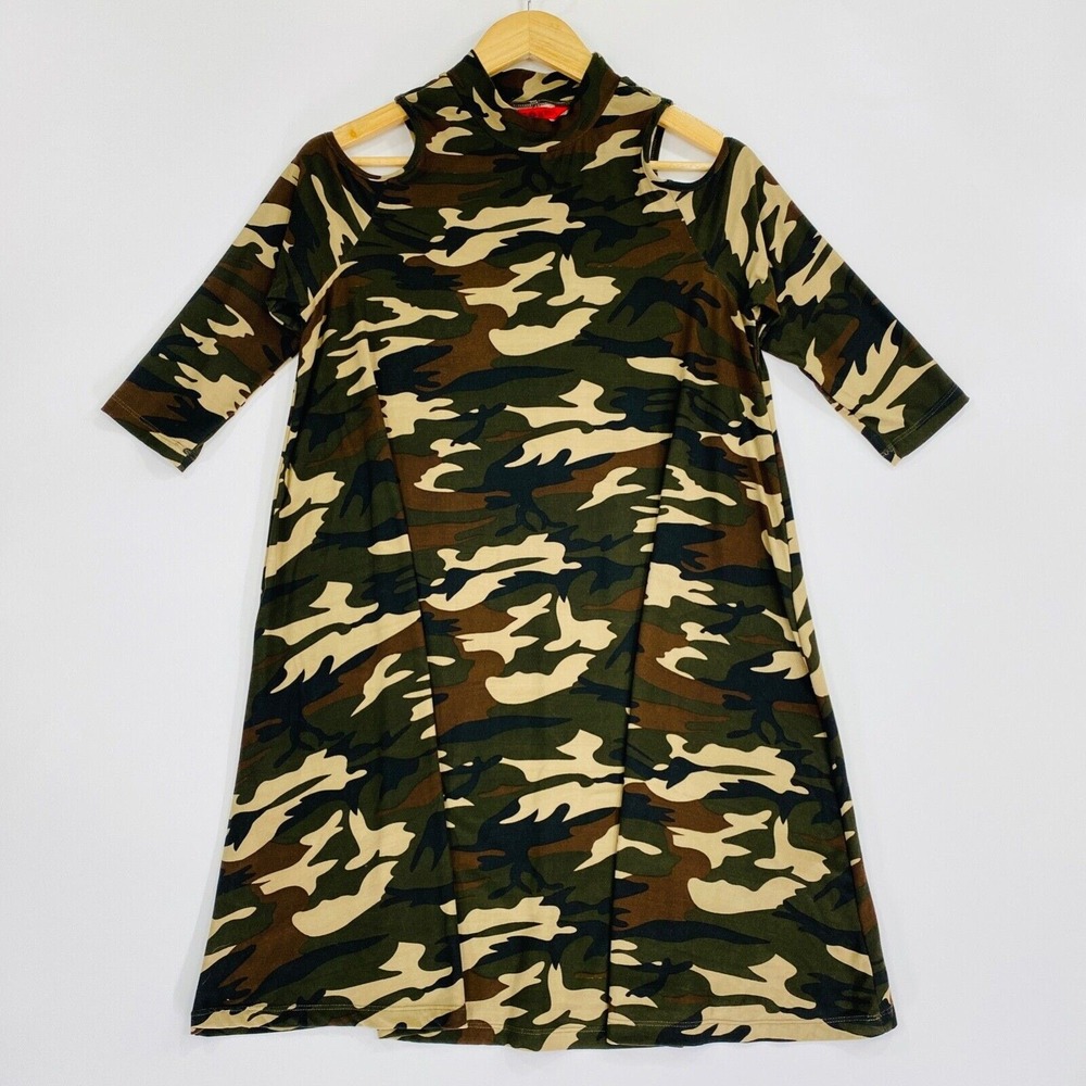 Hot Kiss Women's Tent Dress Size XL Green Camouflage‎ Cold Shoulder